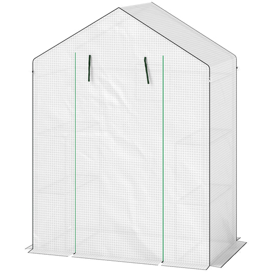 Outsunny Gewächshaus mit Regalen, Mini-Treibhaus, UV-beständig, Netzfenster, Reißverschlusstür, 143L x 74B x 190H cm, Weiß