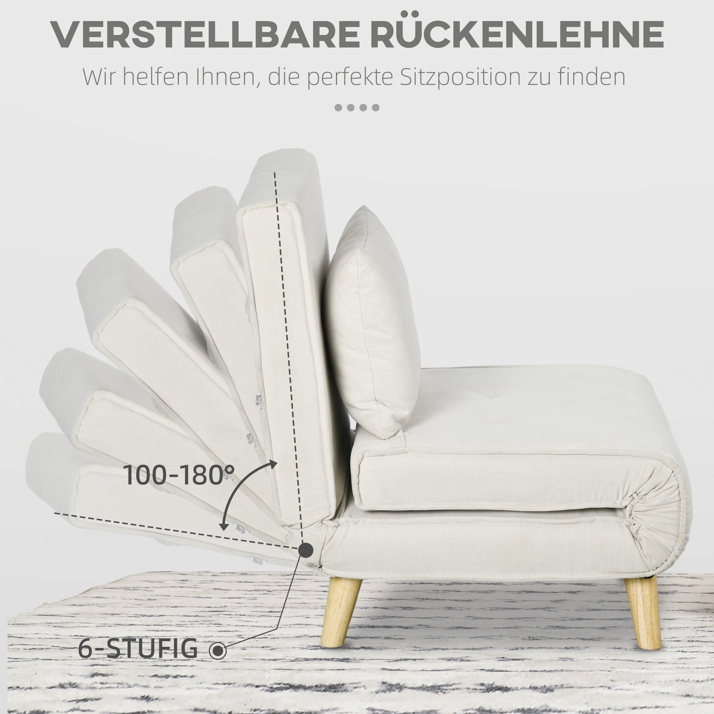 HOMCOM Schlafsessel, 6-stufig verstellbare Lehne, Leinenoptik, bis 120 kg, Creme