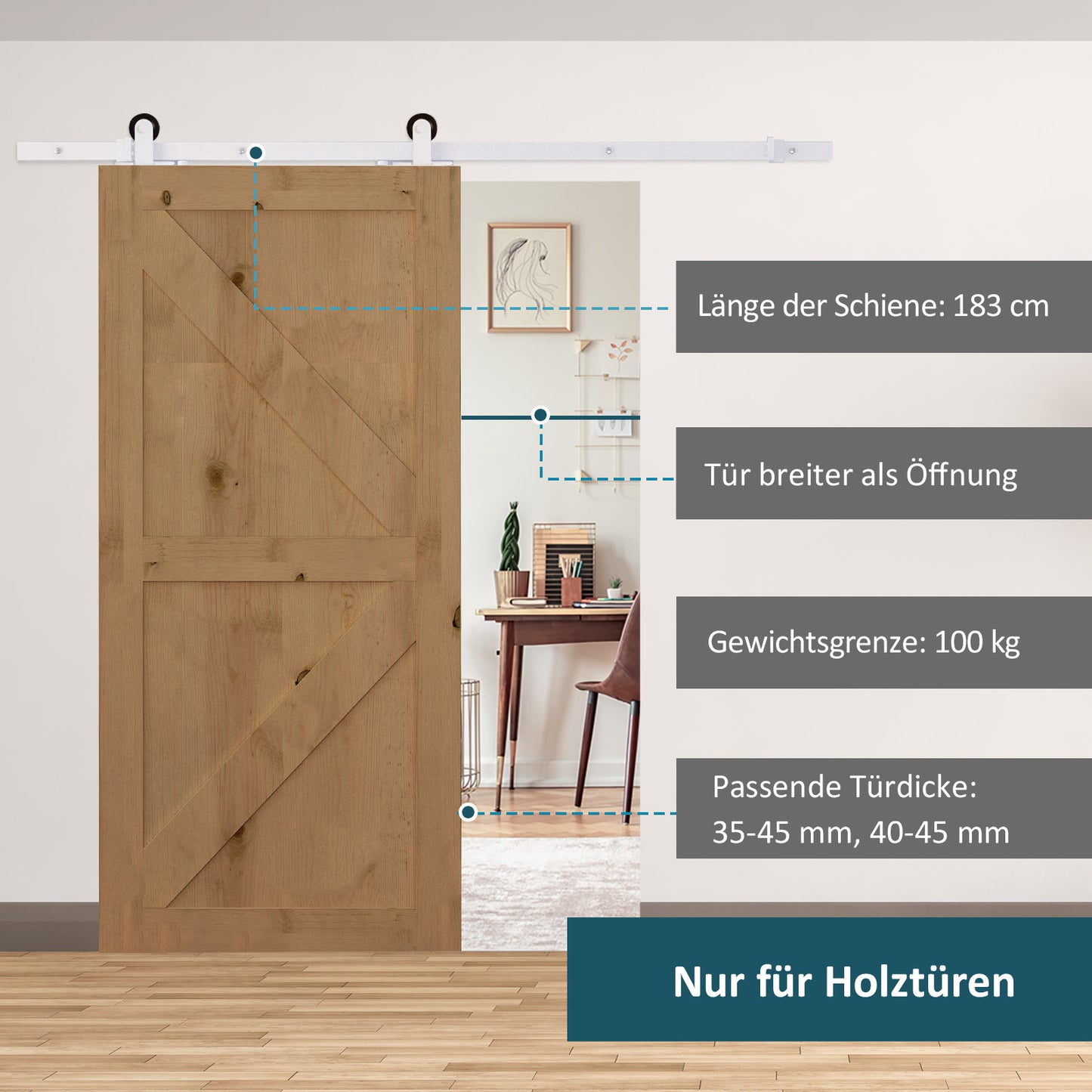 HOMCOM Gleitschienen-Bausatz für Schiebetür, leise Rollen, platzsparend, Karbonstahl, Weiß, 183 cm