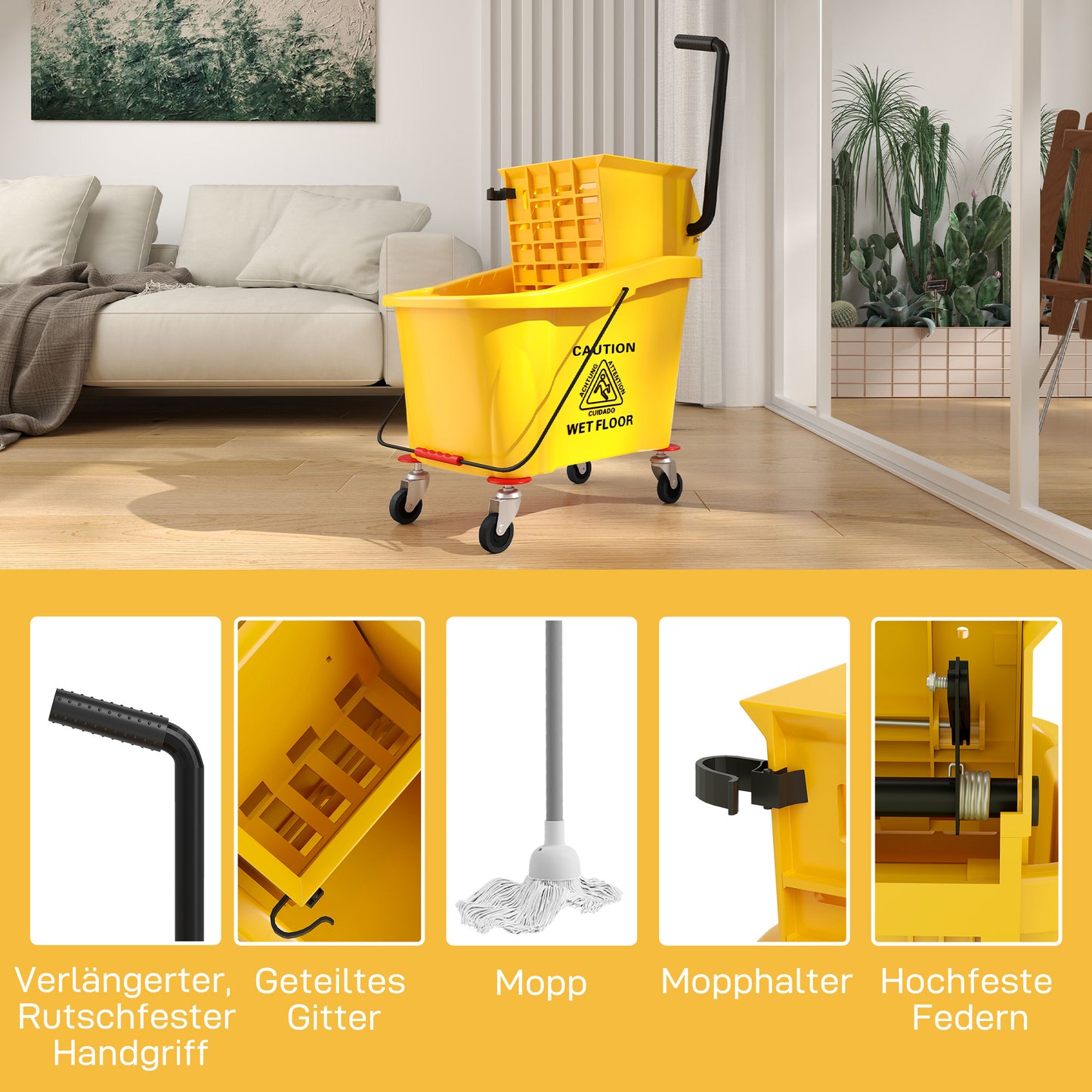 HOMCOM Wischeimer auf Rädern mit Mopp-Auswringer, Mopp-Halter, 36 Liter, Kunststoff, Gelb