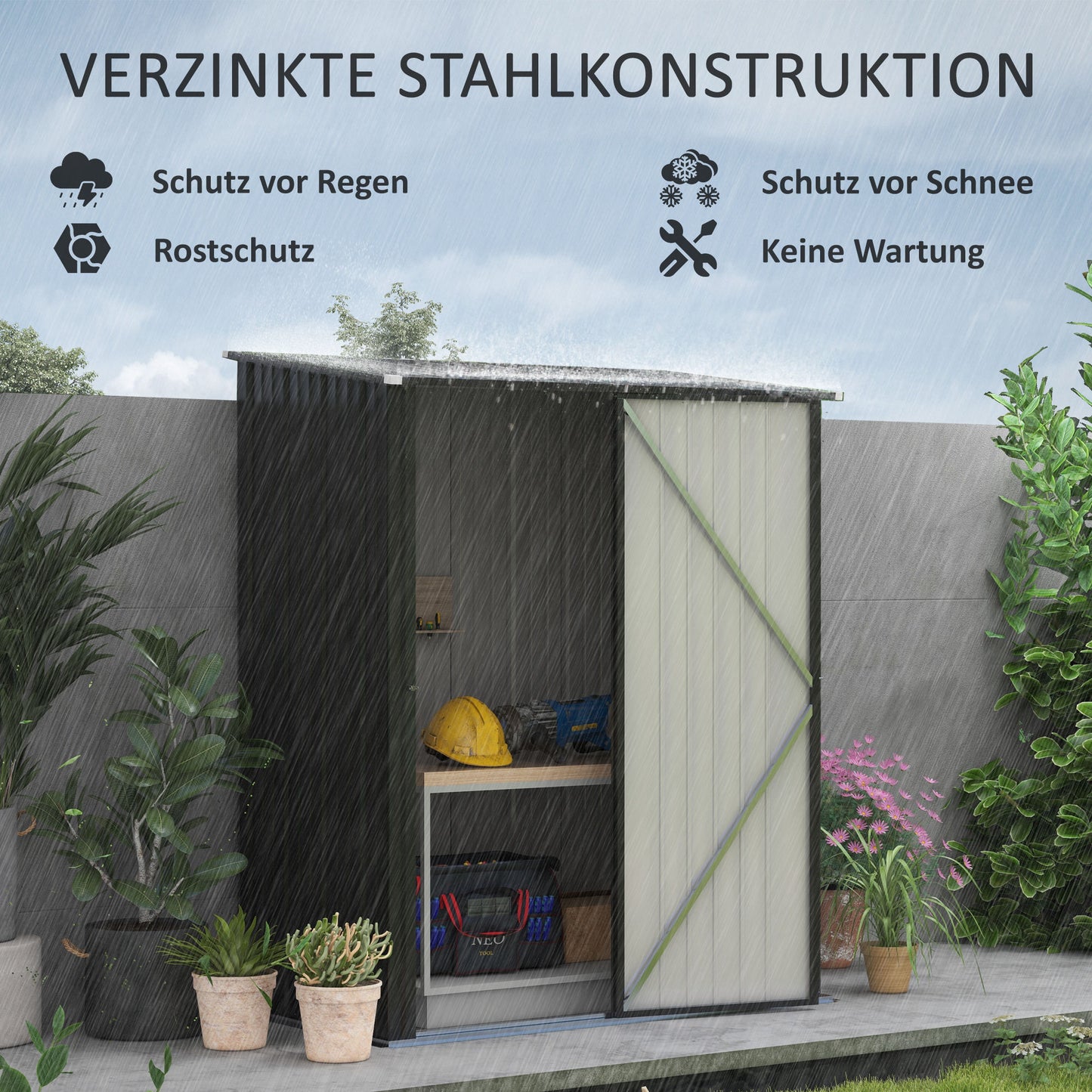 Outsunny Gartenschuppen Geräteschuppen, verschließbare Tür, wetterbeständig, inkl. Regale, 161,5 cm x 94,5 cm x 196 cm, Schwarz