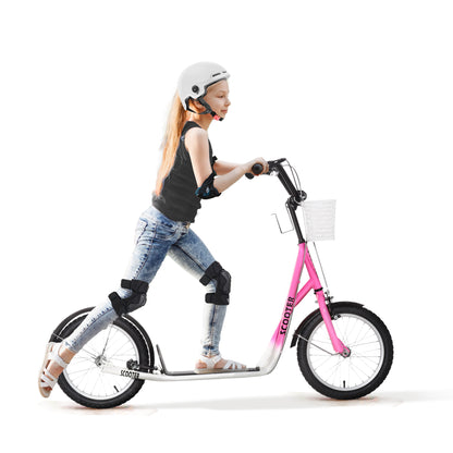 HOMCOM Kinderroller Tretroller mit Bremse, inkl. Korb, höhenverstellbar, für Kinder von 5 bis 12 Jahren, Weiß + Pink