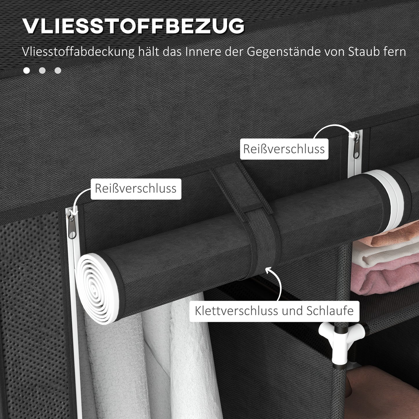 HOMCOM Stoffschrank aus Vlies, Faltschrank, inkl. 3 Schubladen, 125 cm x 43 cm x 162,5 cm, Schwarz