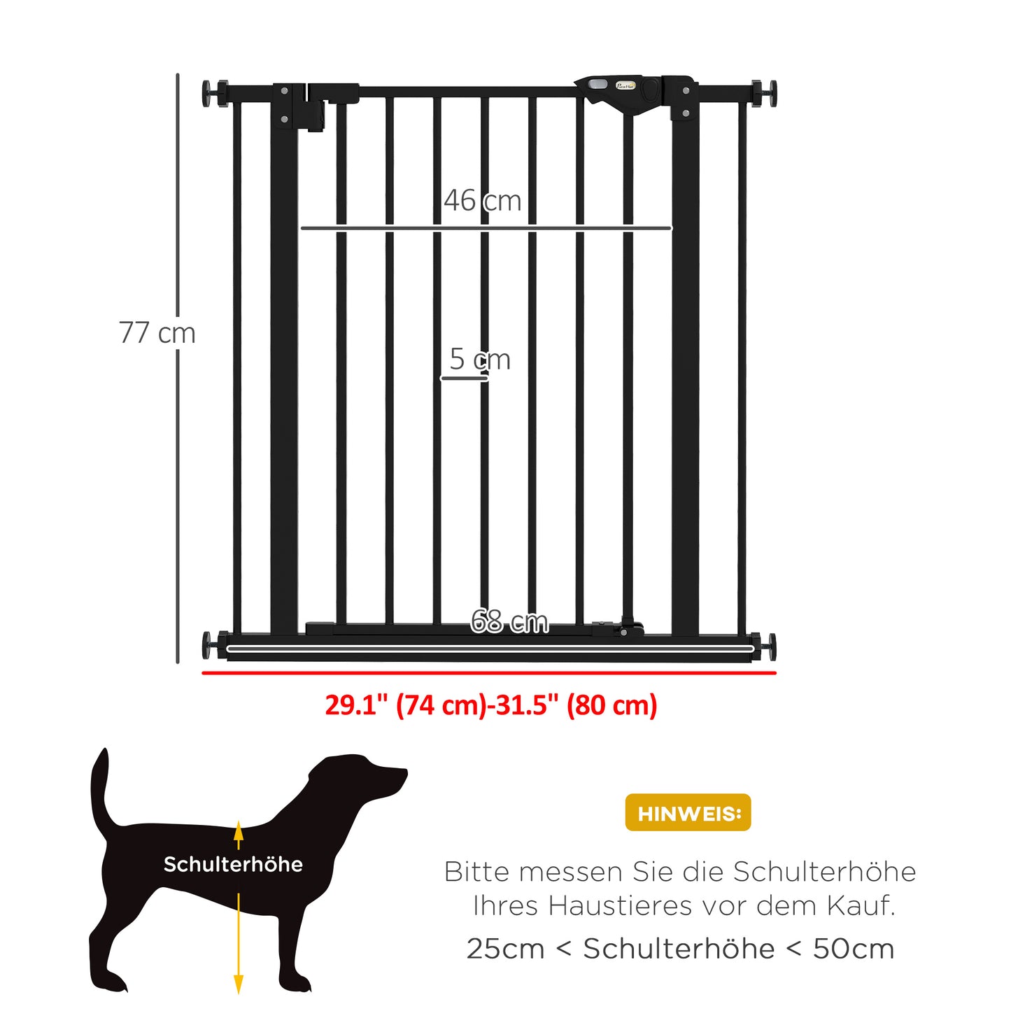 PawHut Türschutzgitter für Hunde, Absperrgitter, Schutzgitter für Haustiere, Metall, Kunststoff, 74-80 cm, Schwarz
