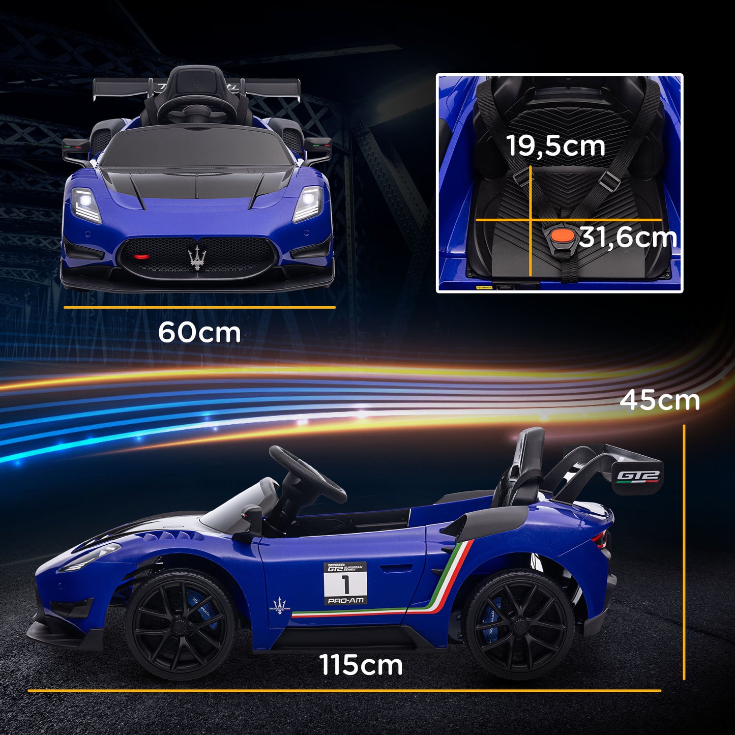 AIYAPLAY Elektro-Kinderauto 12V, lizenziert, Fernbedienung, stoßdämpfende Räder, Blau, 115x60x45 cm