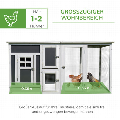 PawHut Hühnerstall Hühnerhaus Geeignet für 1-2 Hühner, mit Nistkasten Eierkiste mit 2 Fächern, Tanne, Grau+Weiß, 160 x 75 x 80 cm