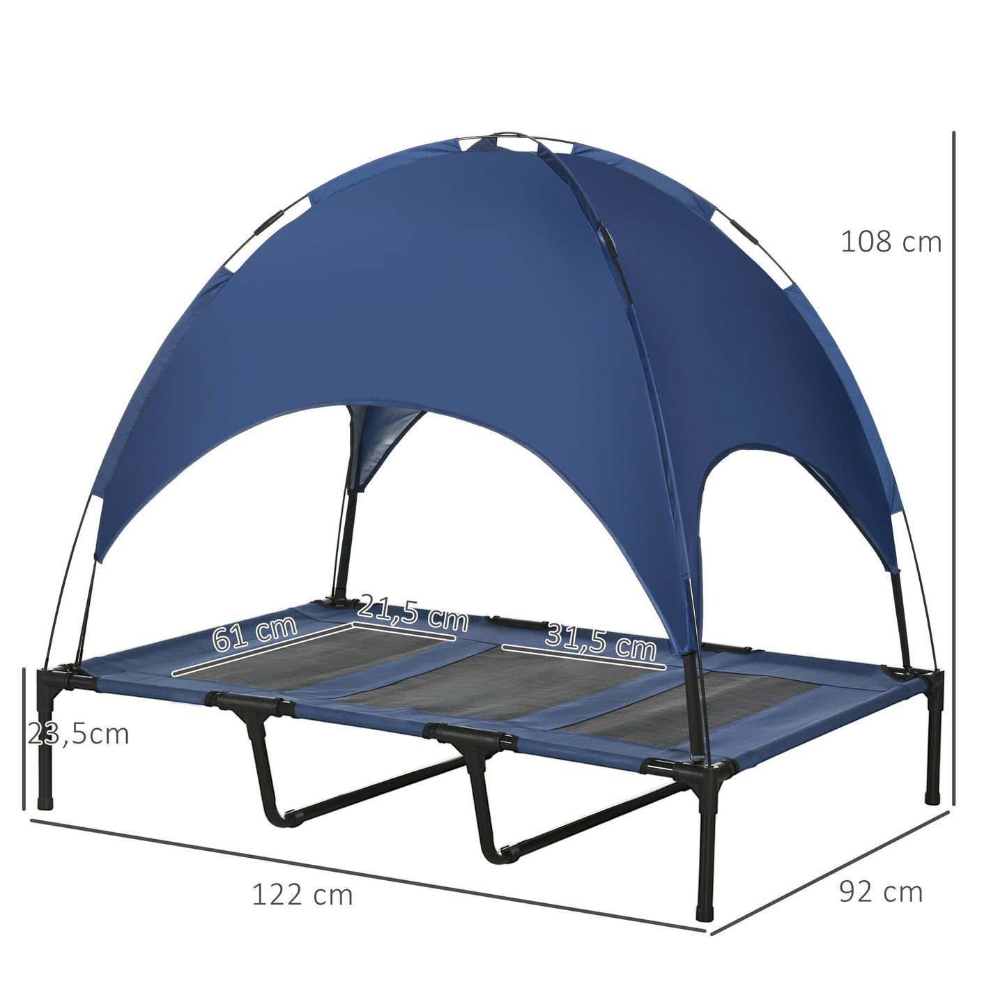 PawHut Outdoor-Hundeschlafplatz Wetterfestes Hundebett, mit Baldachin, klappbar, 122 x 92 x 108 cm, Blau + Schwarz