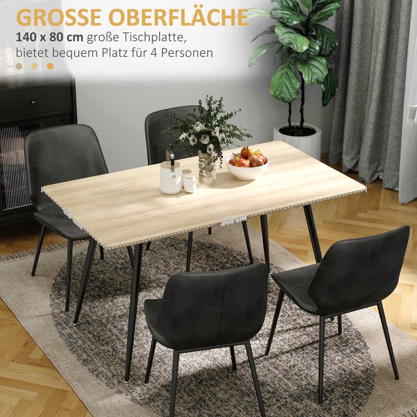 HOMCOM Esstisch im Skandi-Design, Küchentisch, für 4 Personen, Holzoptik, 140 cm x 80 cm x 76 cm, Natur + Schwarz