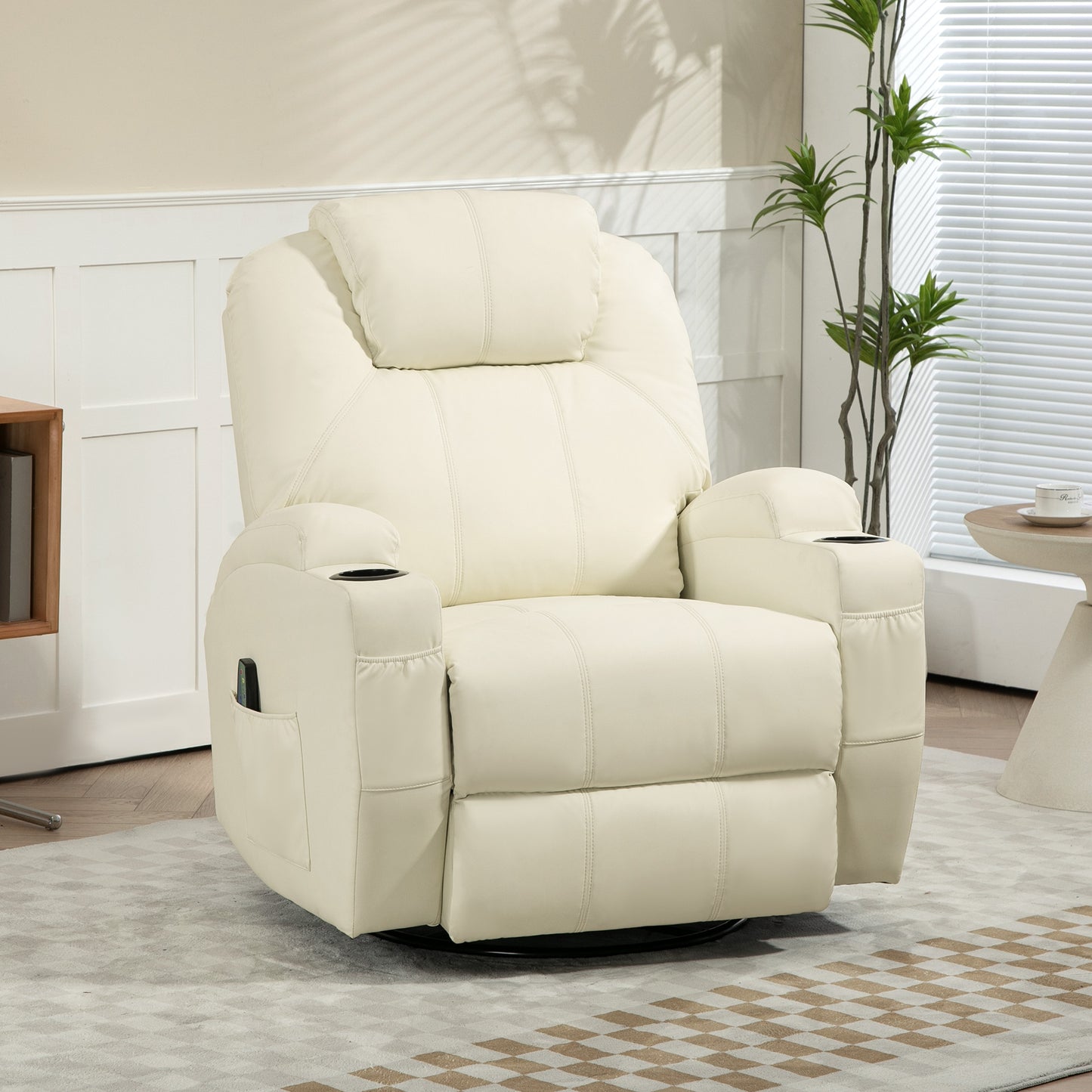 HOMCOM Relaxsessel mit Massagefunktion, neigbare Lehne, drehbar, bis 150 kg, Kunstleder, Cremeweiß