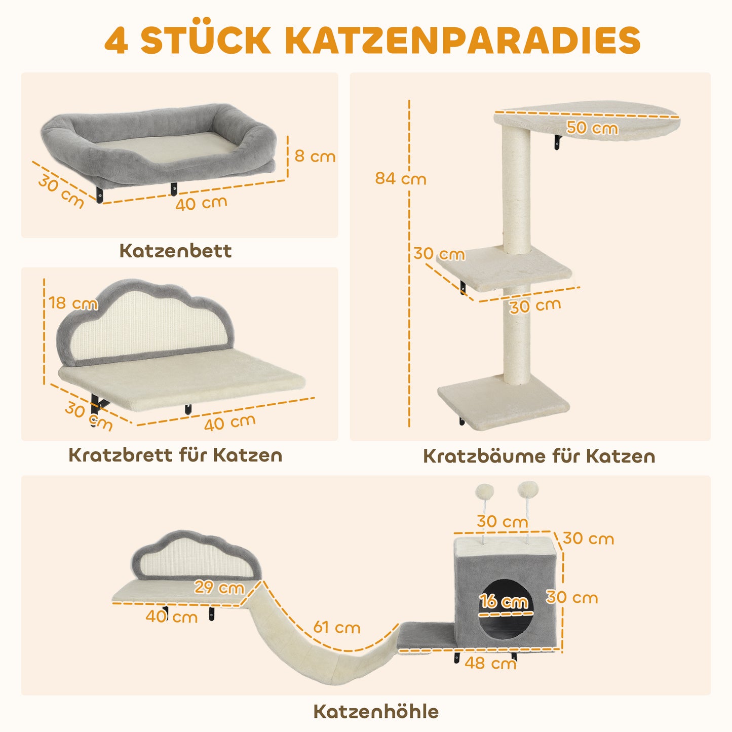 PawHut Wandmontiertes Kratzbaum-Set, Sisalkratzflächen, 4 Teile, für 1-3 Katzen, Beige