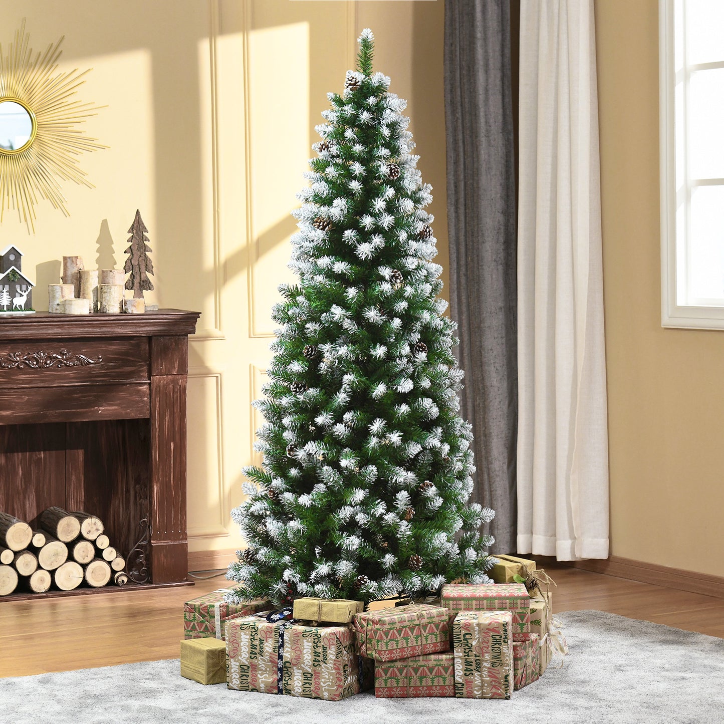 HOMCOM Künstlicher Weihnachtsbaum, 630 Zweige, 37 Zapfen, verschneite Spitzen, feuerfest, 180 cm