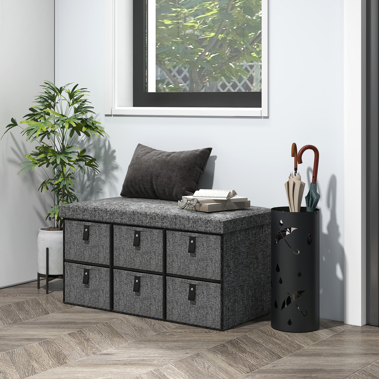 HOMCOM Gepolsterte Schuhbank, 6 Schuhfächer, MDF-Rahmen, Leinenoptik, Grau