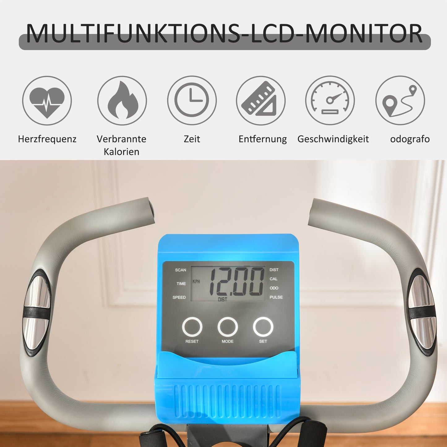 HOMCOM Heimtrainer X-Bike 2-in-1 Fahrradtrainer mit LCD-Display,Pulsmesser, klappbarer Hometrainer Trimmrad mit 8 stufig Magnetwiderstand, 1 Paar Spannseil, Stahl Blau 105x48x118 cm