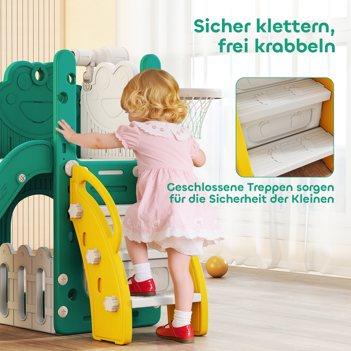 AIYAPLAY 5-in-1 Kinderrutschenset, Teleskop, Basketballkorb, Kunststoff, Gelb+Grün