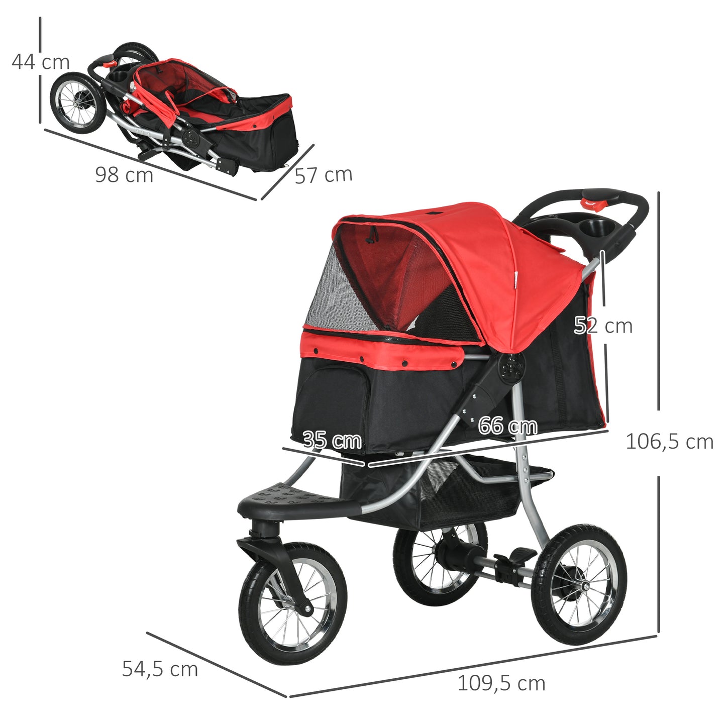 PawHut Hundewagen Hundebuggy mit 3 Rädern klappbar bis 10 kg Oxford Rot+Schwarz 109,5 x 54,5 x 106,5 cm