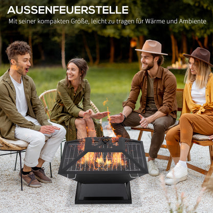 Outsunny Feuerschale 45 x 45 x 34cm aus Edelstahl Feuerstelle mit Funkenschutz Schürhaken Feuerschalen Feuerkorb für Garten, Balkon, BBQ Camping Schwarz