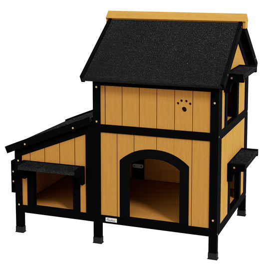 PawHut Katzenhaus Katzenhütte Katzenhöhle, inkl. Blumenkasten, 96 cm x 65 cm x 85,5 cm, Gelb + Weiß + Schwarz
