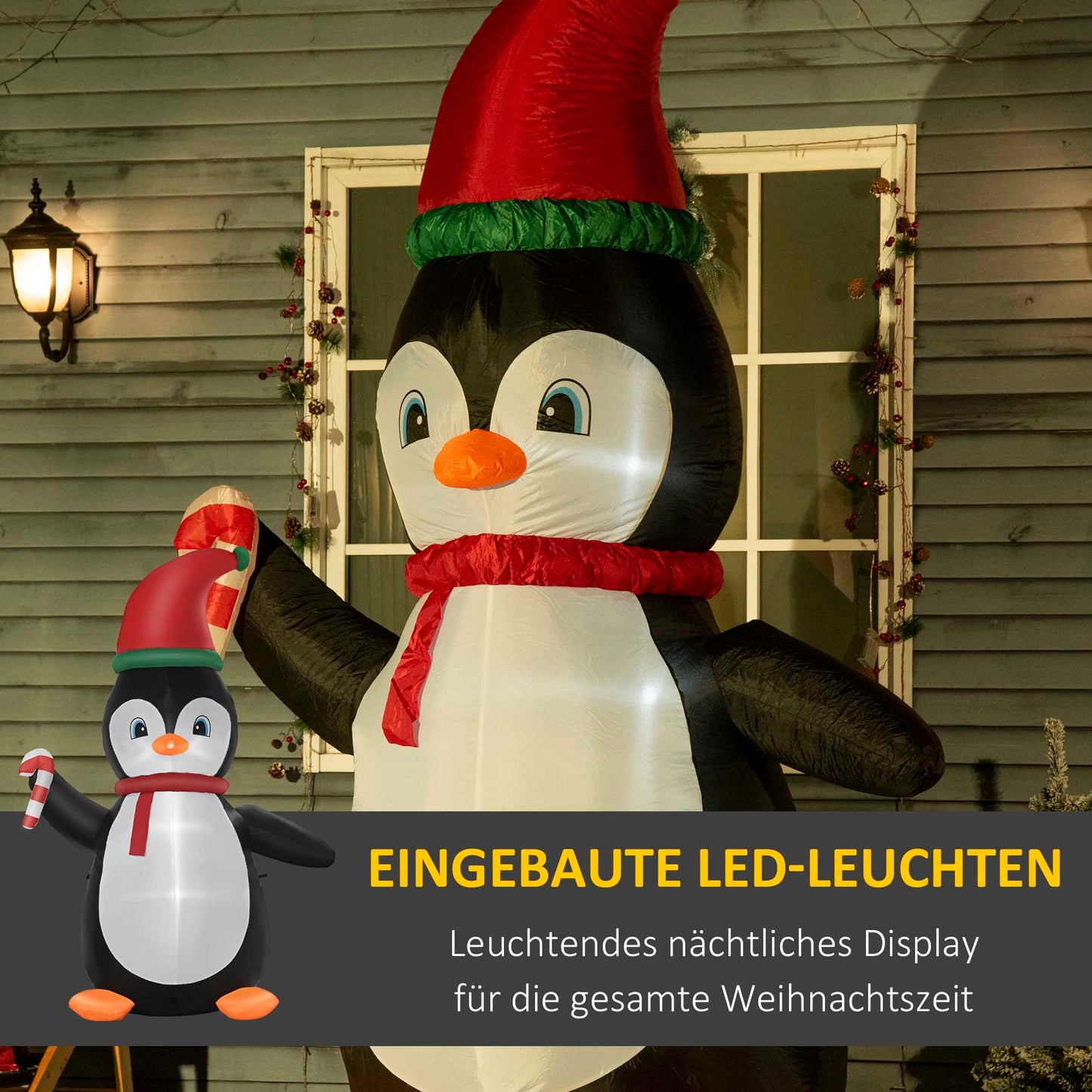 HOMCOM Aufblasbare Weihnachtsdeko, 2,5 m Aufblasbarer Weihnachtspinguin mit 3 LED-Lichtern, 162 x 100 x 250 cm, Mehrfarbig