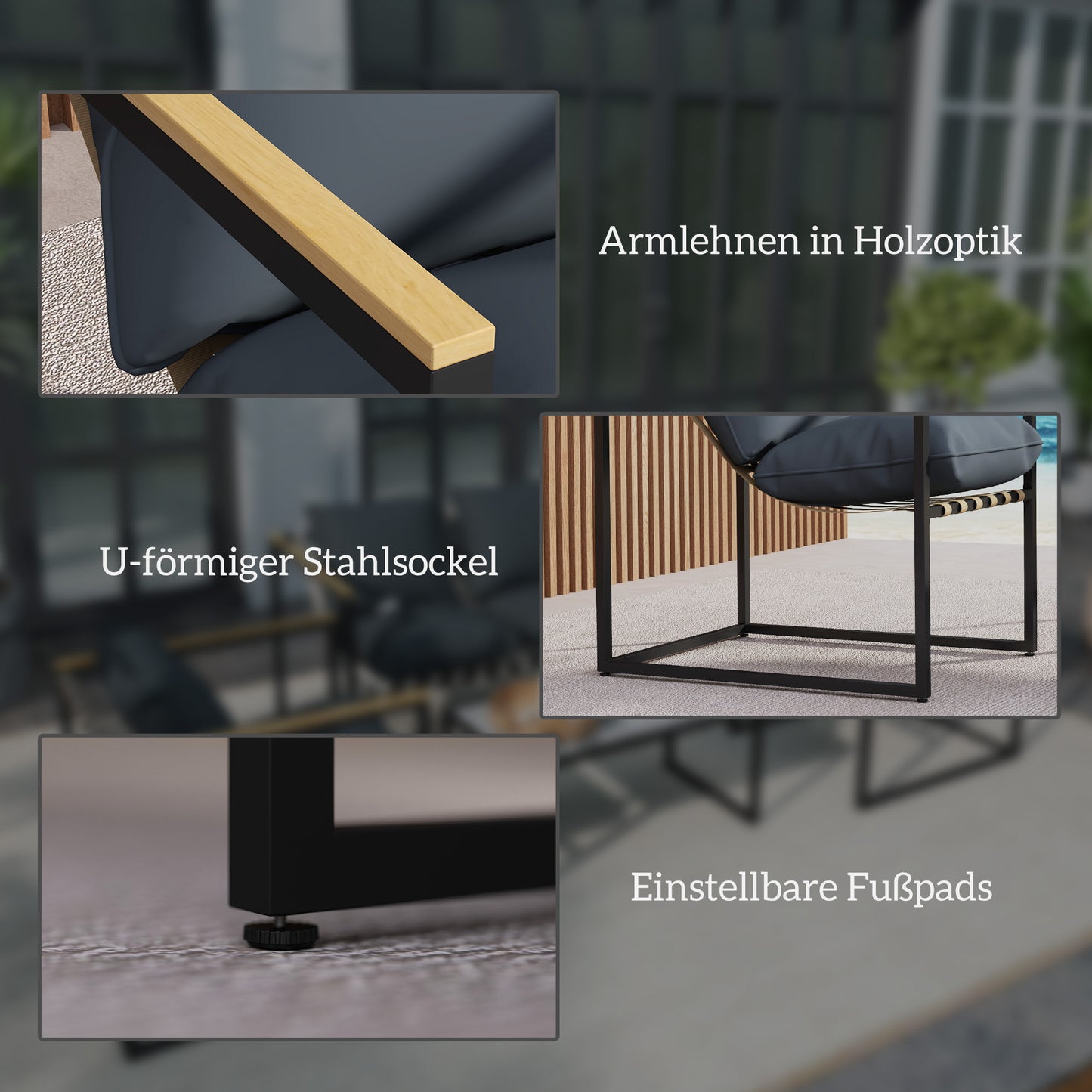 Outsunny 4-teiliges Gartenmöbelset, Outdoor-Möbel-Set, 2 Sessel, 2er Sofa, 1 Tisch, gepolstert, Stahl, Polyester, Grau