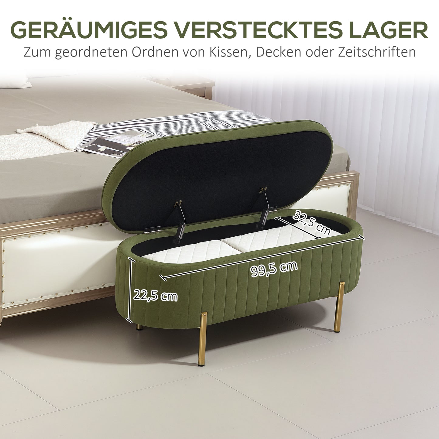 HOMCOM Sitzbank mit Klappdeckel und Stauraum، Stoffbezug، Holz، Metall، Dunkelgrün+Goldfarben