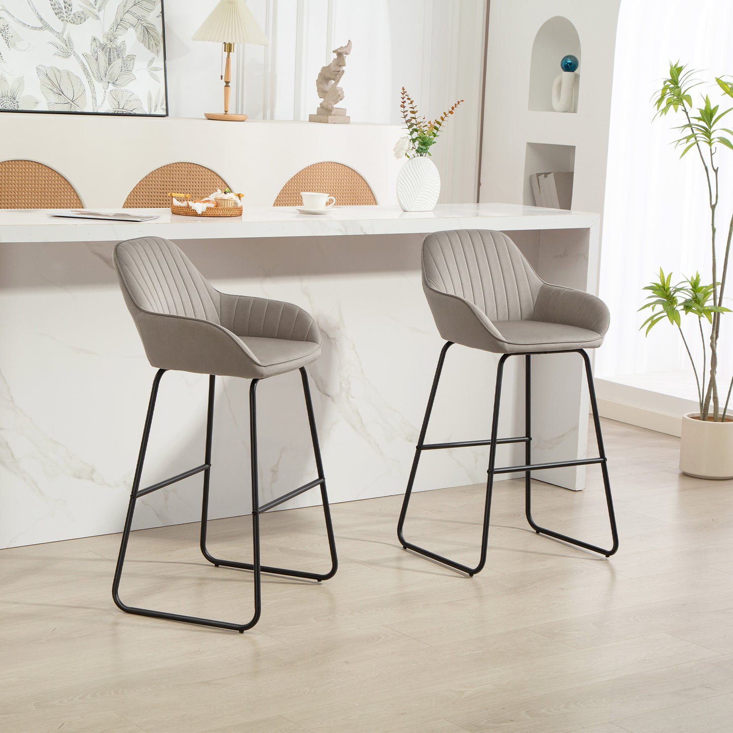 HOMCOM 2er-Set Barstühle، Barhocker mit Stoffbezug und Schaumstoffpolsterung، Polsterhocker mit Metallbeinen، Grau