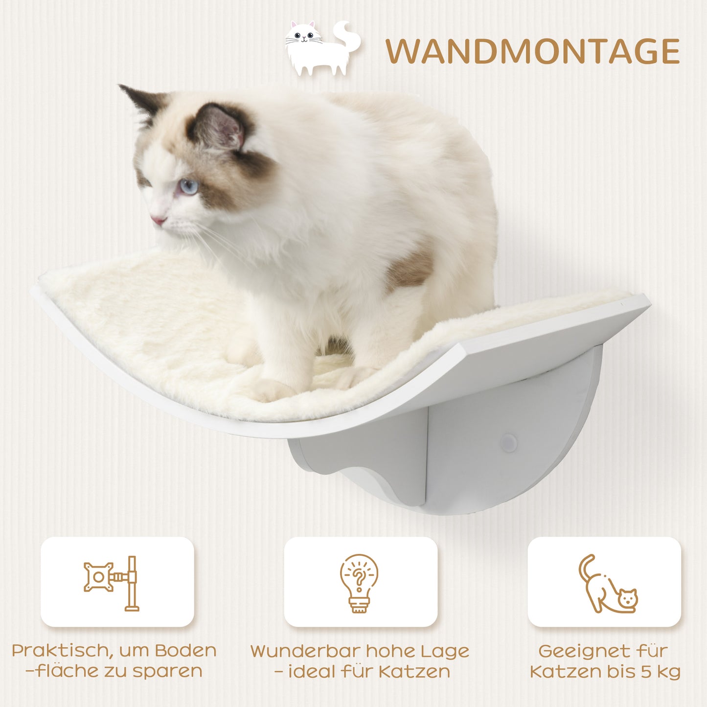 PawHut Katzenregal, Wandmontage, weiche Liegefläche, bis 10kg, 41x28x21cm, Weiß